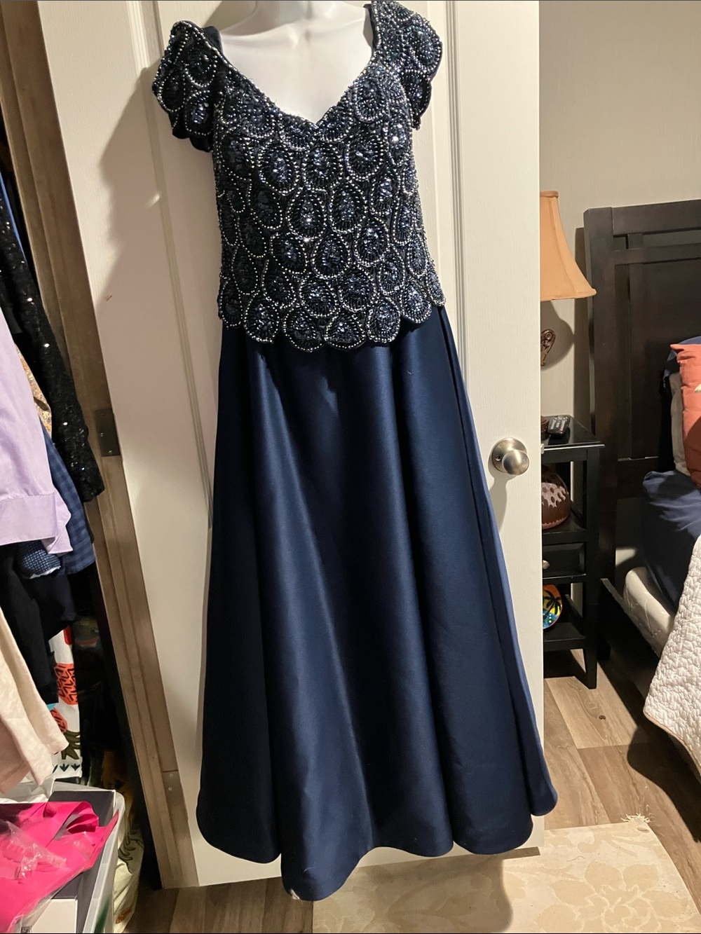 Sandra Navy Beaded Evening Gown with Scalloped Bodice